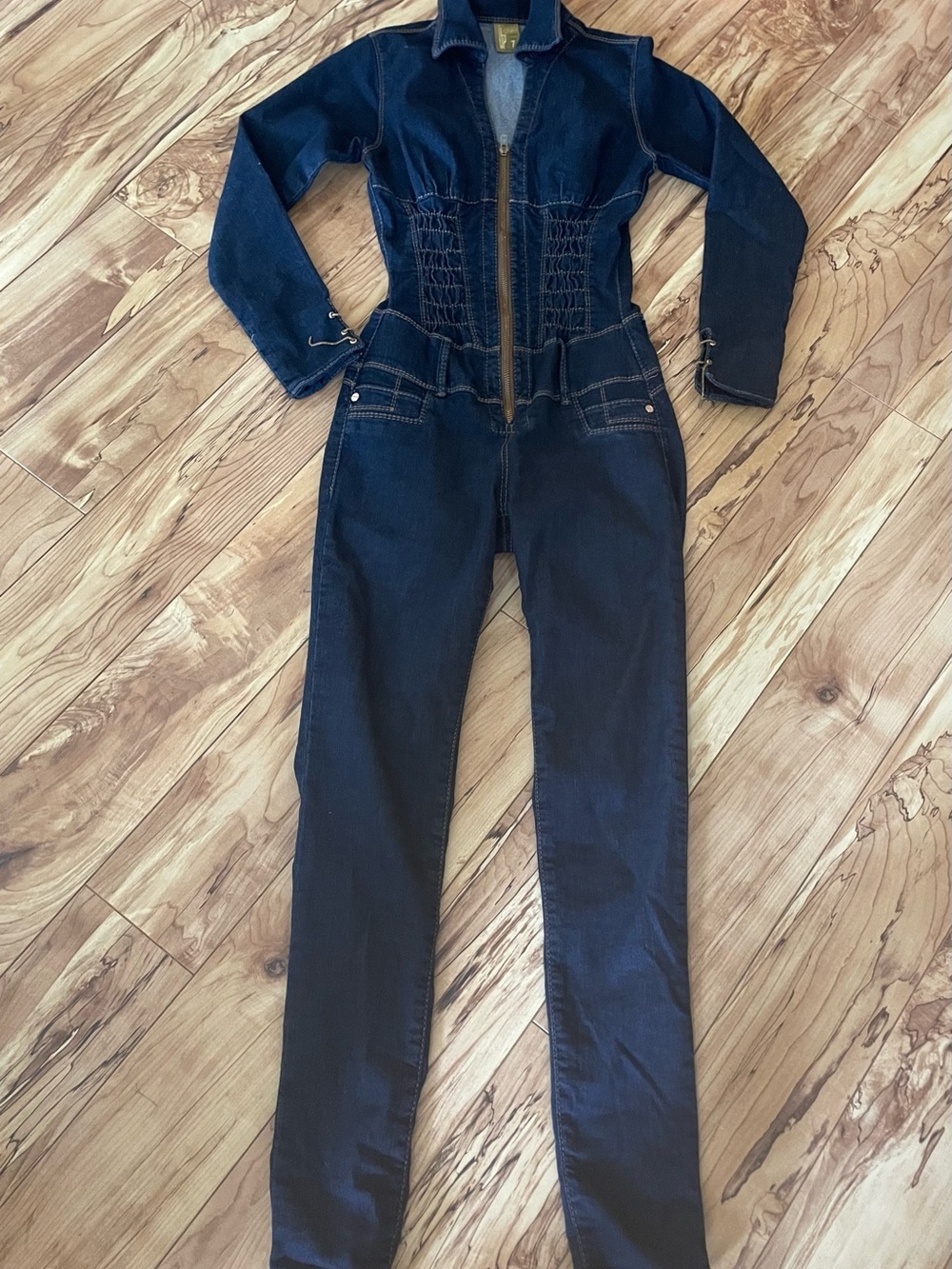 Dark Indigo Denim Jumpsuit with Front Zip and Smocked Waist women’s size 7
